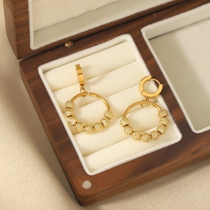 Stainless Steel Hoop Earrings 18K Gold Plated Diamond Cut Textured Round Beads Geometric Minimalist Jewelry For Women
