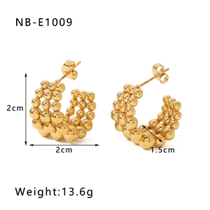 Detailed view of C-shaped 18k gold plated beaded earrings with size and weight specs