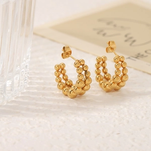 Minimalist double layer gold bead C-shaped hoop earrings in polished stainless steel