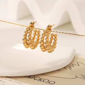 Polished double-layered gold bead hoop earrings made of stainless steel for women