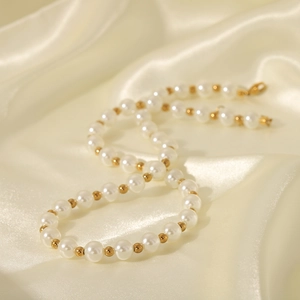 Collier De Künstliche Perles D'Imitation Baroque En Acier Inoxydable Plaqué Or 18K Chaîne À Billes Style Rétro Français Pour Femme