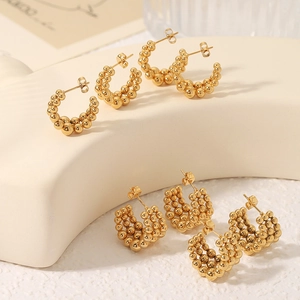 18K gold plated C-shaped multi-layered steel bead earrings for women in minimalist style