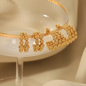 18K gold plated C-shaped multi-layer beaded hoop earrings with a minimalist retro design