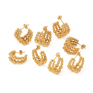 18k gold plated stainless steel C-shaped multi-layer bead earrings on a white background