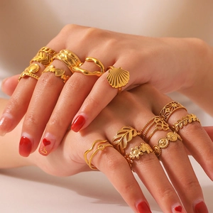 Bague Ouverte En Acier Inoxydable Plaqué Or 18K Pour Femmes Vintage Géométrique Cœur Fleur Feuille Bijoux Réglables