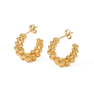 Minimalist double layer C-shaped 18k gold plated stainless steel bead hoop earrings