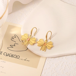 Boucles d'oreilles papillon rétro en acier doré 18k avec pierres roses