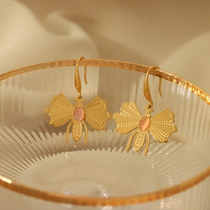 Boucles D'oreilles Pendantes Papillon Vintage Acier Inoxydable Plaqué Or 18K Pierre Naturelle Rose Design De Niche