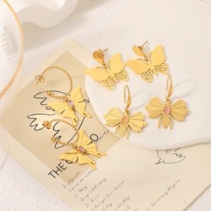 French Vintage Butterfly Earrings 18K Gold Plated Stainless Steel With Zircon Natural Stone Elegant For Women
