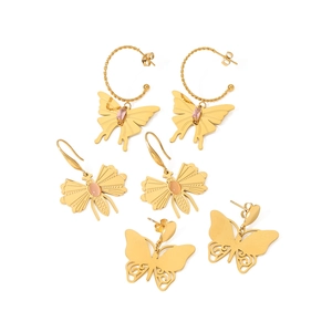 Three-pair gold butterfly earring set with pink gemstones and hollow design on white background
