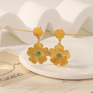 18k gold plated stainless steel flower earrings with green cat-eye stone detail