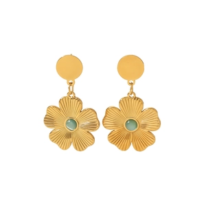 18k gold plated stainless steel flower earrings with green cat-eye stone detail
