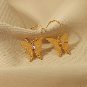Boucles D'oreilles Pendantes Papillon Plaqué Or 18K Acier Inoxydable Zircon Rose Violet Pierre Rectangulaire Bijoux Pour Femmes