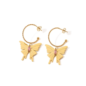 Boucles d'oreilles papillon plaquées or 18 carats avec zircon rose et anneau torsadé