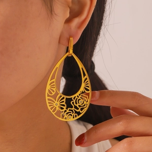 French vintage style 18K gold plated hollow teardrop earrings with crystals