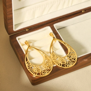 Vintage Water Drop Hollow Earrings Stainless Steel 18K Gold Plated Rose Flower Butterfly Rhinestone French Style Jewelry Women
