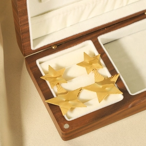 Star-shaped 18k gold plated titanium steel earrings set on a wooden display box