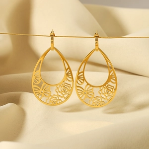 French vintage 18K gold plated teardrop hollow flower earrings with white crystals