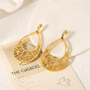 18K gold plated hollow teardrop earrings with floral and butterfly patterns