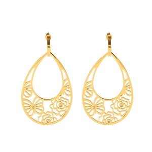 French vintage style 18K gold plated teardrop hollow flower earrings with small crystals