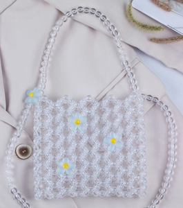 Fashion clear acrylic beaded handbag with blue flowers and cross-body chain strap