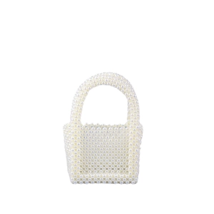 Handmade white pearl beaded U-shaped handbag with structured square body for women