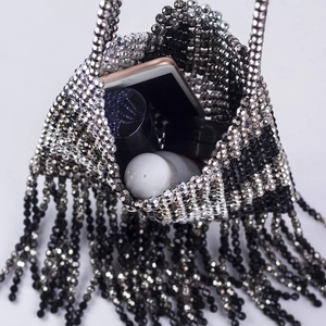 Handmade beaded tassel handbag in silver and black with space for phone and makeup