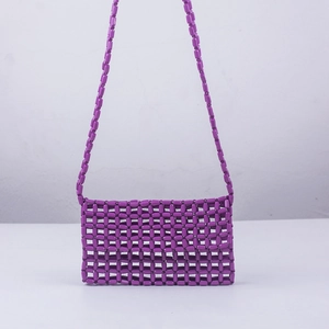 Handmade purple candy acrylic beaded crossbody bag with square hollow weave pattern