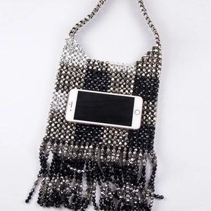 Beaded fringe handbag in black and silver gradient pearls with long beaded tassels