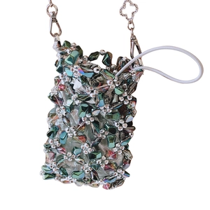 Mini iridescent crystal bead handmade crossbody bag with silver clover chain strap