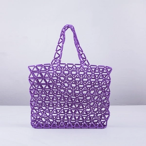 Chic lilac purple acrylic beaded tote bag with geometric woven hollow mesh design