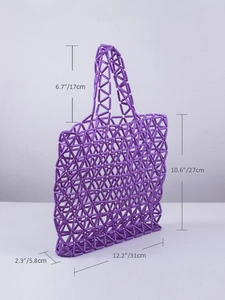 Detailed dimensions diagram of the purple geometric cutout acrylic bead tote bag