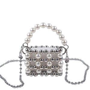 Mini pearl beaded evening handbag with silver accents and detachable crossbody chain