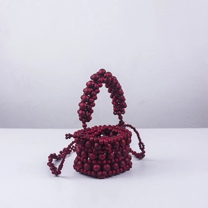 Mini wine red beaded bucket bag with handmade acrylic pearls and chunky handle