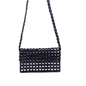 Handmade black beaded crossbody bag with candy-colored acrylic hollow grid pattern