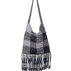 Handmade checkered beaded handbag with silver and black beads and long tassels
