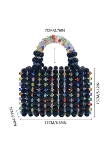 Detailed dimensions of handmade beaded handbag with colorful crystal beads on black matte