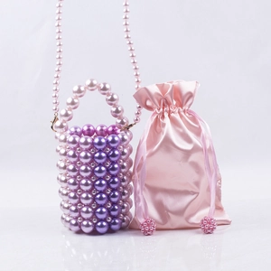 Pink and purple pearl handmade bucket bag with pearl handle and satin drawstring pouch