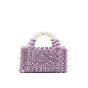 Handmade light purple beaded handbag with white pearl decorations and handle