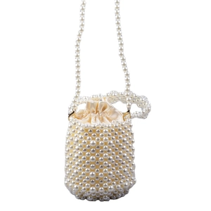 Sac seau élégant en perles fait main avec doublure en satin et longue bandoulière perle
