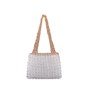 Transparent star bead woven tote bag with elegant champagne gold beaded handle