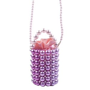 Handmade gradient purple pearl bucket bag with beaded handle and drawstring satin lining
