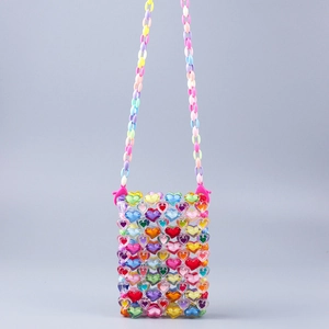 Handmade colorful acrylic heart beaded crossbody bag for women with woven patterns