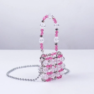 Mini handmade pink beaded crossbody bag with acrylic beads and silver metal chain strap