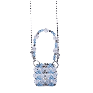 Handmade mini beaded crossbody bag with blue acrylic beads and silver ball chain strap