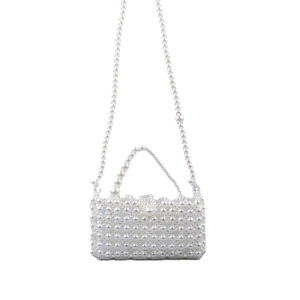 Handmade pearl woven crossbody bag with white beaded handle and long chain strap