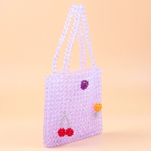 Handmade purple acrylic beaded handbag featuring colorful fruit patterns for women