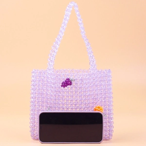 Handmade lavender beaded tote bag with grape motif and mini size for smartphones