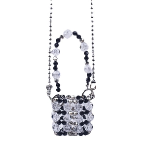 Miniature handmade beaded crossbody bag with mixed black and clear acrylic beads
