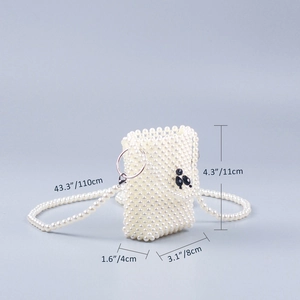 Detailed dimensions of handmade pearl mini crossbody bag with measurements and strap length